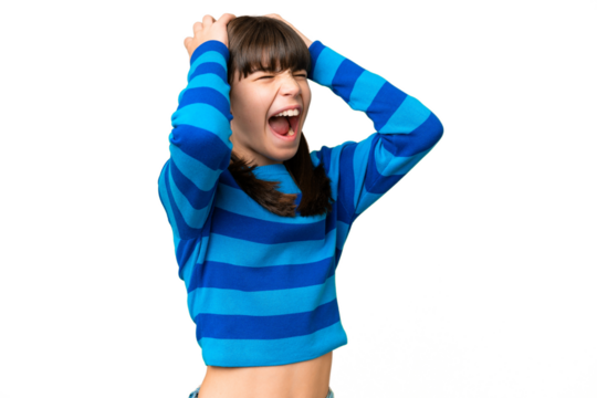 Little caucasian girl over isolated background stressed overwhelmed