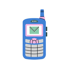 Poster with a retro phone. Cute and stylish mobile phone with buttons. Old model from 90s. Pixel picture on the screen. Hand drawn vector illustration. Vintage wireless electronics concept.