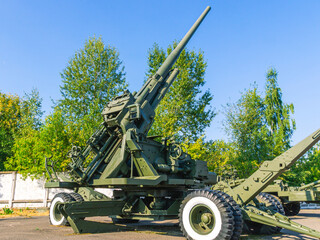 Soviet anti-aircraft gun. Anti-aircraft gun in the marching position. Towed wheeled gun. Armament of the army.