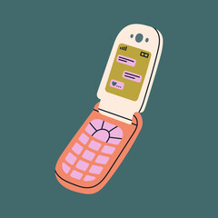 Poster with a clamshell phone. Cute and stylish retro mobile phone with buttons. Old model from 90s. Hand drawn vector illustration. Vintage wireless electronics concept.