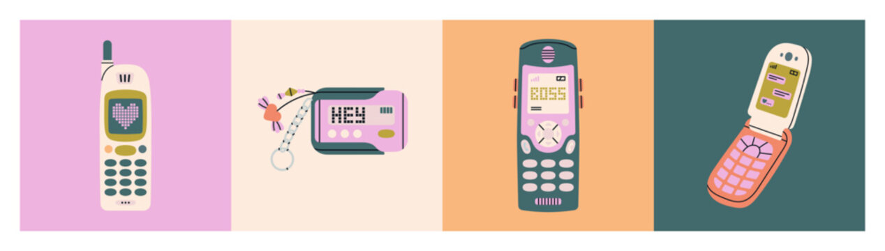 Posters set with retro mobile phones and a beeper. Old-fashioned models with buttons from 90s and 00s. Pixel picture on the screen. Hand drawn vector illustrations. Vintage electronics concept.