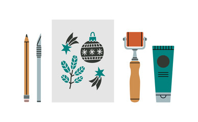 Set with linocutting equipment. Arts and crafts concept. Paint roller, woodcutter and other tools for linocut. Hand draw vector illustration isolated on white background.