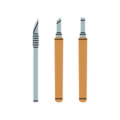 Set with linocutting equipment. Arts and crafts concept. Woodcutter for linocut. Hand draw vector illustration isolated on white background.