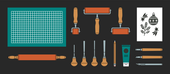 Set with linocutting equipment. Arts and crafts concept. Paint roller, woodcutter and other tools for linocut. Hand draw vector illustration isolated on black background.