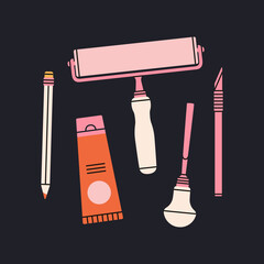 Poster with linocutting equipment. Arts and crafts concept. Paint roller, woodcutter and other tools for linocut. Hand draw vector illustration isolated on black background.