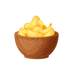 Crispy food potato chips in wood bowl, Traditional Mexico nacho in cartoon style isolated on white background. Vector illustration