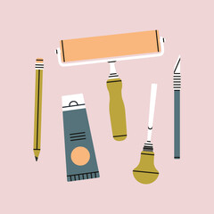 Poster with linocutting equipment. Arts and crafts concept. Paint roller, woodcutter and other tools for linocut. Hand draw vector illustration isolated on pink background.
