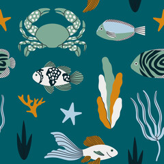 Seamless pattern exotic corals, plants fish and a crab. Underwater and sea life concept. Hand draw vector illustration in trendy colors. For prints, textile and package design.