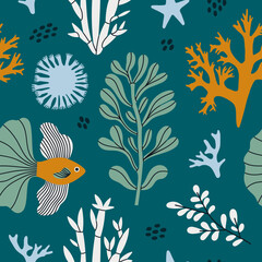 Seamless pattern exotic corals, plants and fish. Underwater and sea life concept. Hand draw vector illustration in trendy colors. For prints, textile and package design.