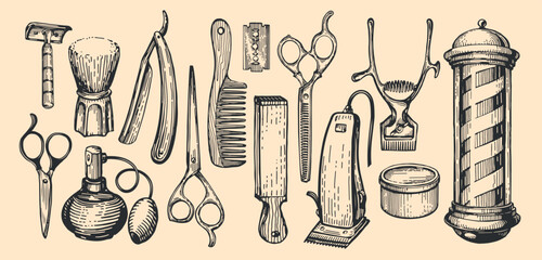 Vintage barbershop items. Barber retro tools for cutting hair, beard and mustache. Beauty salon vector illustration