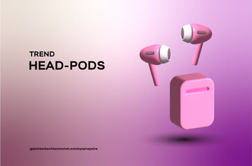 Pink wireless headphones with cover, box. Wireless Air pods for music, running or listening to a podcast