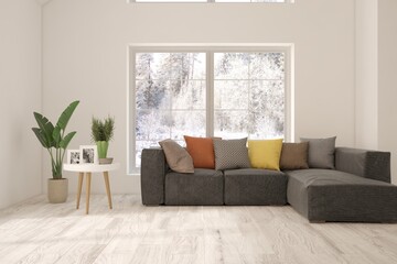 White living room with sofa and winter landscape in window. Scandinavian interior design. 3D illustration