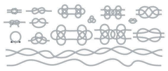 Set of rope knots. Nautical, travel and decorative loops. Twisted cord