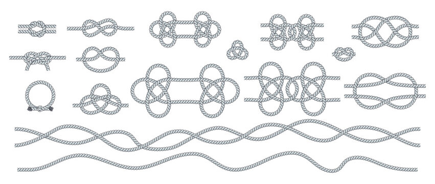 Set of rope knots. Nautical, travel and decorative loops. Twisted cord