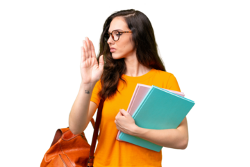 Young student caucasian woman over isolated background making stop gesture and disappointed