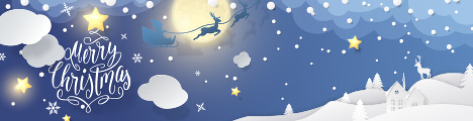 Winter landscape with text Merry Christmas and 3D paper cut-outs of clouds, houses, Santa's sleigh flying around the glowing moon in sky. Festive horizontal background with deer and fir trees in snow