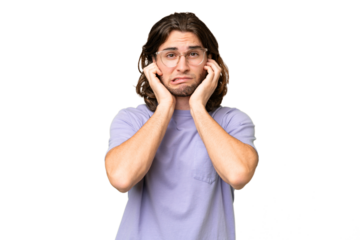 Young handsome man over isolated background frustrated and covering ears