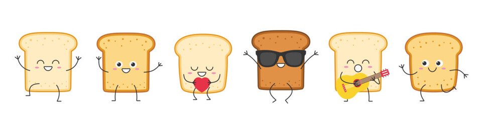 Toasts set cute character cartoon greet jump love run sing smile face cheerful kawaii joy happy emotions symbol breakfast icon vector illustration. - obrazy, fototapety, plakaty