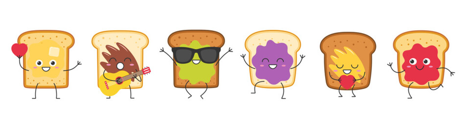 Toasts set cute character cartoon chocolate honey butter avocado jam greet jump love run sing smile face cheerful kawaii joy happy emotions symbol breakfast icon vector illustration.