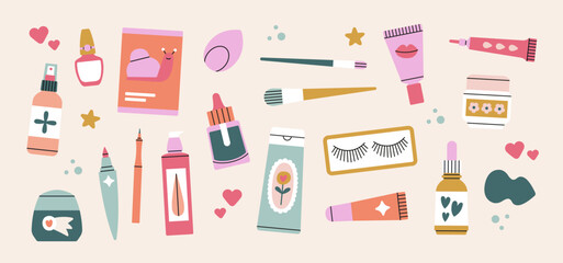 Fototapeta na wymiar Poster with beauty products. Cream, cleanser, tonic, sheet mask, serum, moisturizer, essence, foundation, nail polish etc. Make up, manicure and skin care cosmetic. Vector illustration, pastel colors