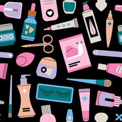 Seamless pattern with various beauty products. Make up, manicure and skin care concept. Korean cosmetics, beauty shopping. Vector illustration in trendy colors. For prints, textile and package design.