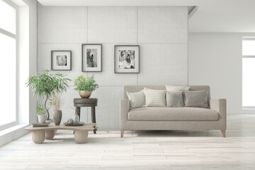 White living room with sofa. Scandinavian interior design. 3D illustration