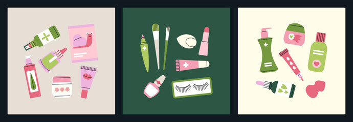 Set of posters with various beauty products like face cleanser, moisturizer, cream, nail polish, eye liner etc. Cute vector illustrations. Korean cosmetic. Beauty procedure, spa and self care concept