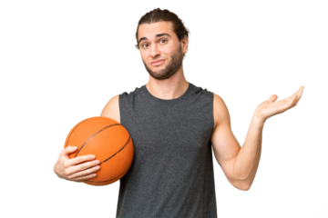 Young basketball player man over isolated background having doubts while raising hands