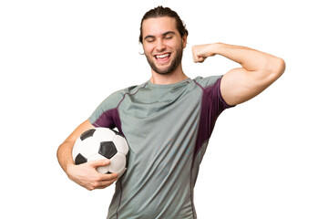 Young handsome football player man over isolated background doing strong gesture
