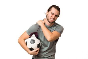 Young handsome football player man over isolated background suffering from pain in shoulder for having made an effort
