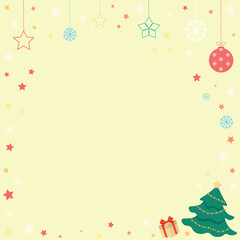 Yellow Christmas background: Christmas tree, gift, stars, snowflakes, flat vector