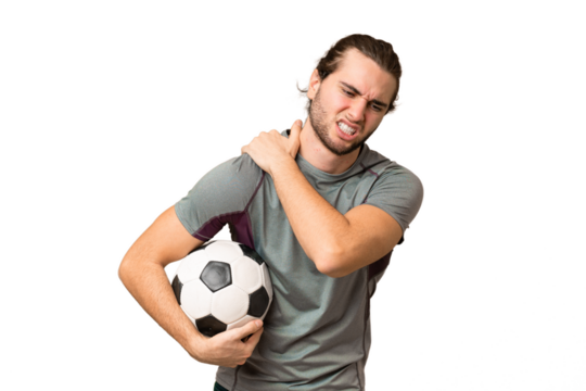 Young handsome football player man over isolated background suffering from pain in shoulder for having made an effort