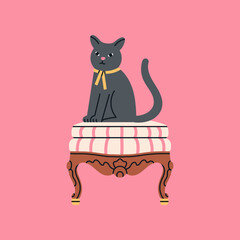 Poster with an antique vintage wooden pouf and funny cat sitting on it. Luxury design for royal or museum interiors concept. Cute  hand drawn vector illustration isolated on colorful background