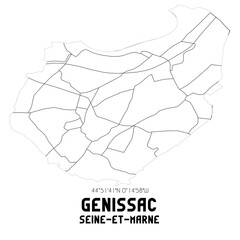 GENISSAC Seine-et-Marne. Minimalistic street map with black and white lines.