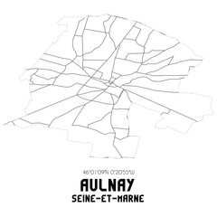 AULNAY Seine-et-Marne. Minimalistic street map with black and white lines.