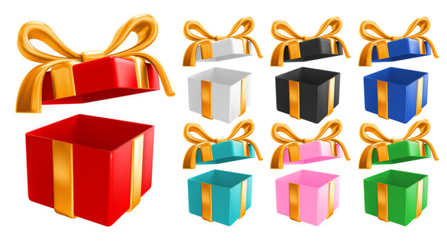 Set of festive open lid gift boxes with gorgeous golden bow, isolated on white background. Multicoloured presents. Vector realistic 3d illustration