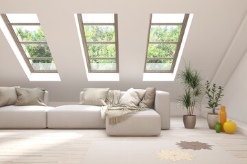 White living room with sofa and summer landscape in window. Scandinavian interior design. 3D illustration