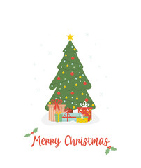 Decorated christmas tree with presents and gifts with text. Concept vector illustration in flat style.