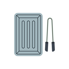 Hand drawn vector illustration of tongs and tray for chemicals: developer, stop bath, fixer. Tongs are used to handle photos. Dark room supplies. Retro film development and photo printing tools.