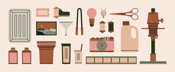 Set with various tools for film development: enlarger, red safelight, tongs, funnel, film reel, camera, chemicals etc. Dark room supplies. Hand drawn vector illustration. Retro photo printing concept