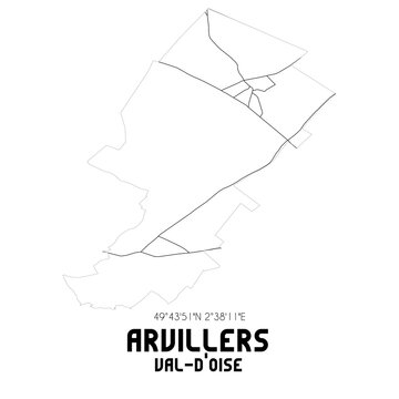 ARVILLERS Val-d'Oise. Minimalistic street map with black and white lines.