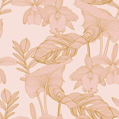 Tropical exotic floral line palm leaves and orchid flowers seamless pattern, line background. Exotic jungle wallpaper.	 - 545643793