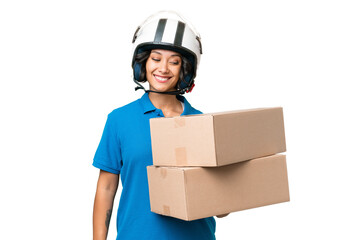 Young Argentinian  delivery woman over isolated background with happy expression