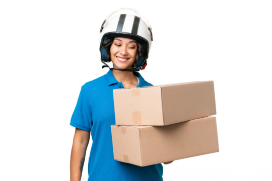 Young Argentinian  delivery woman over isolated background with happy expression
