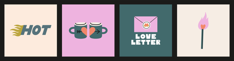 Posters set with love attributes. Love flame, romantic letter, cups for couple. Hot design for St. Valentines day. Hand drawn vector illustrations in nice colors. Prints, greeting cards design.