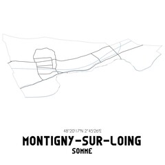 MONTIGNY-SUR-LOING Somme. Minimalistic street map with black and white lines.