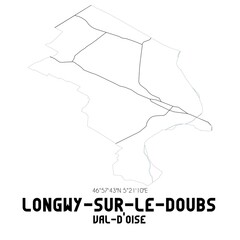 LONGWY-SUR-LE-DOUBS Val-d'Oise. Minimalistic street map with black and white lines.