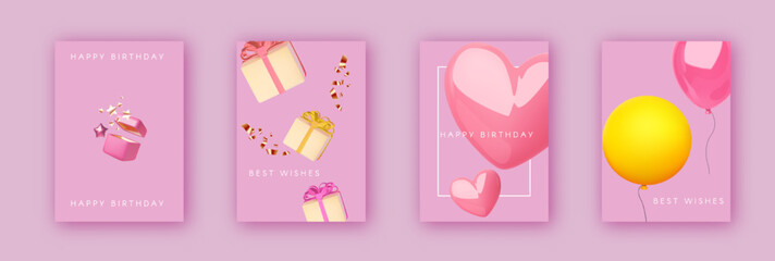 Happy Birthday cards collection. Cute design template with gift boxes, glossy hearts, balloons and confetti.