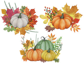 Watercolor pumpkin composition, leaves pumpkin,  Painted color clip art, autumn design elements. Fall season. Perfect graphic for Thanksgiving day, Halloween, greeting cards, posters, birthday
