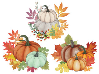 Watercolor pumpkin composition, leaves pumpkin,  Painted color clip art, autumn design elements. Fall season. Perfect graphic for Thanksgiving day, Halloween, greeting cards, posters, birthday